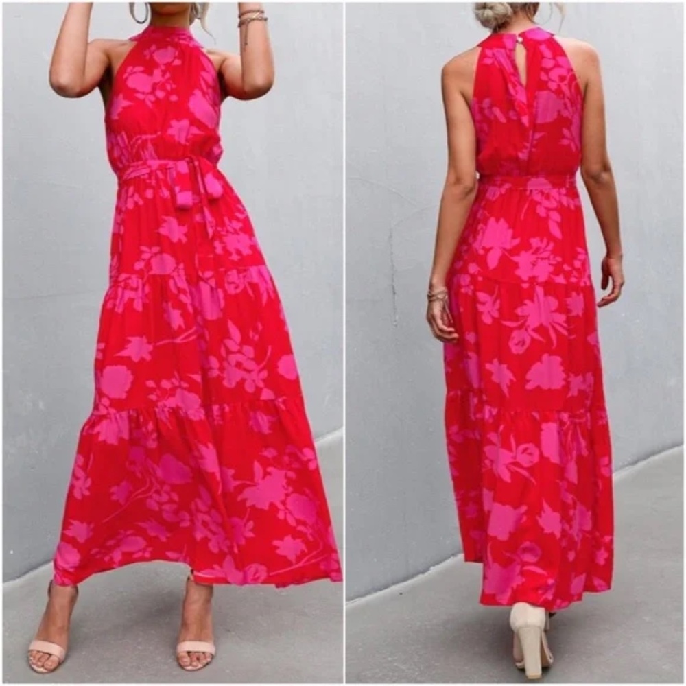 Boho Red Floral Print Halter Maxi Dress Cottagecore - Picture 3 of 3
